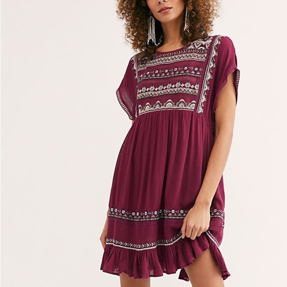 Free People Plum Purple Embroidered Sunrise Wanderer Mini Dress